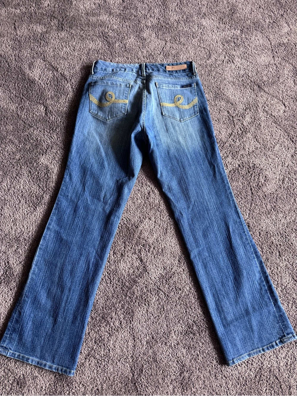 Seven7 Women's Blue Flare Jeans with Gold Back Pocket Accent